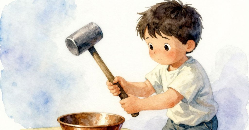 帕默再次舉起錘子,臉上表現出緊張與期盼,輕觸青銅碗邊緣感受微妙震動