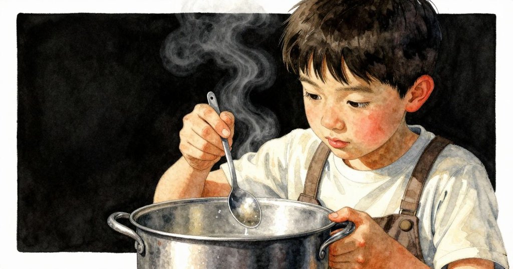 澤克專注地近距離觀察鍋邊微光，用湯匙輕拭冷凝水，呈現細膩操作與廚房暖光