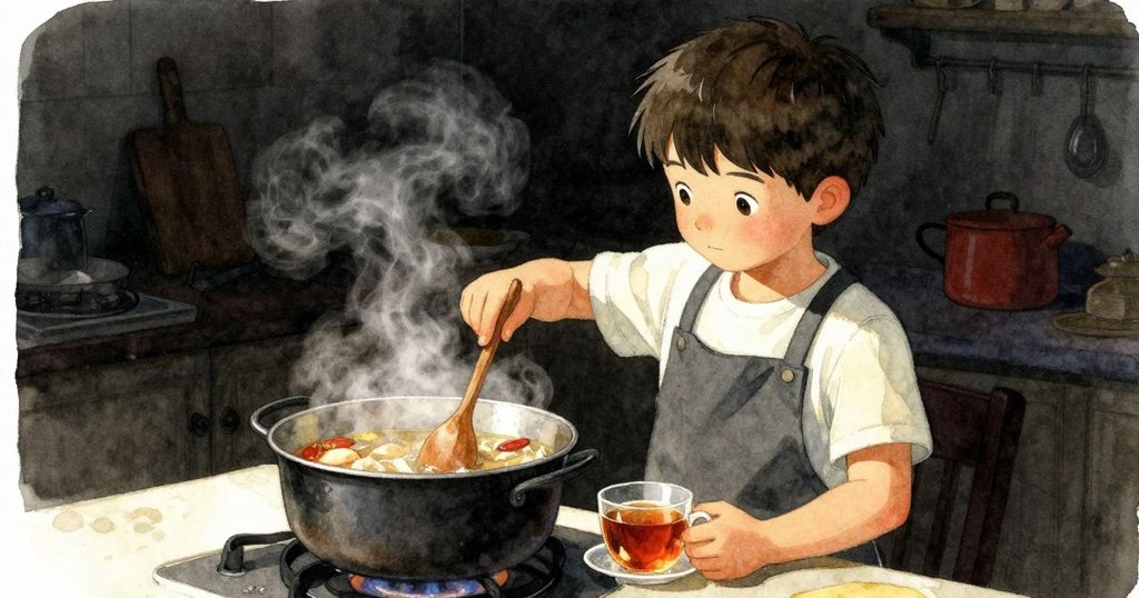 澤克在廚房中分割畫面，一邊攪拌冒泡湯汁，另一邊擺放著等待中的琥珀色茶杯，氛圍靜謐