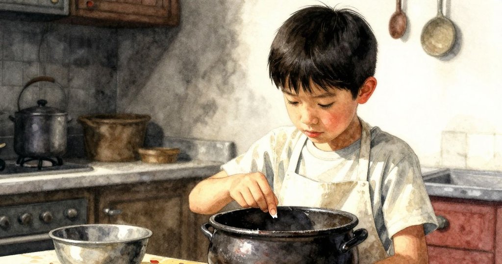 澤克回想起早前的情景，小心觸及鍋邊結痂的澱粉圈，柔和光線中流露出懷舊情懷