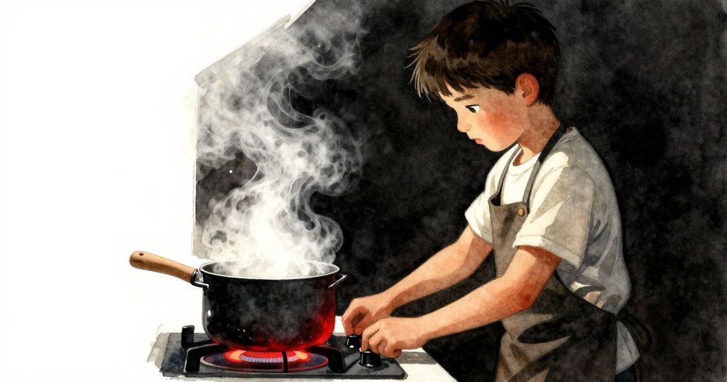 澤克在調低火力時面露專注，細微蒸氣與紅色光點營造出充滿懸念的廚房緊張氣氛