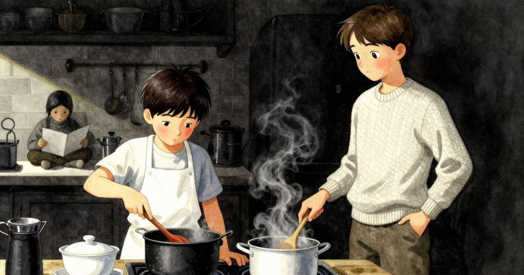 澤克將木湯匙輕放於鍋上，廚房中傑斯帕爾在背景閱讀報紙，茶杯靜靜地等待，場景充滿寧靜與和諧