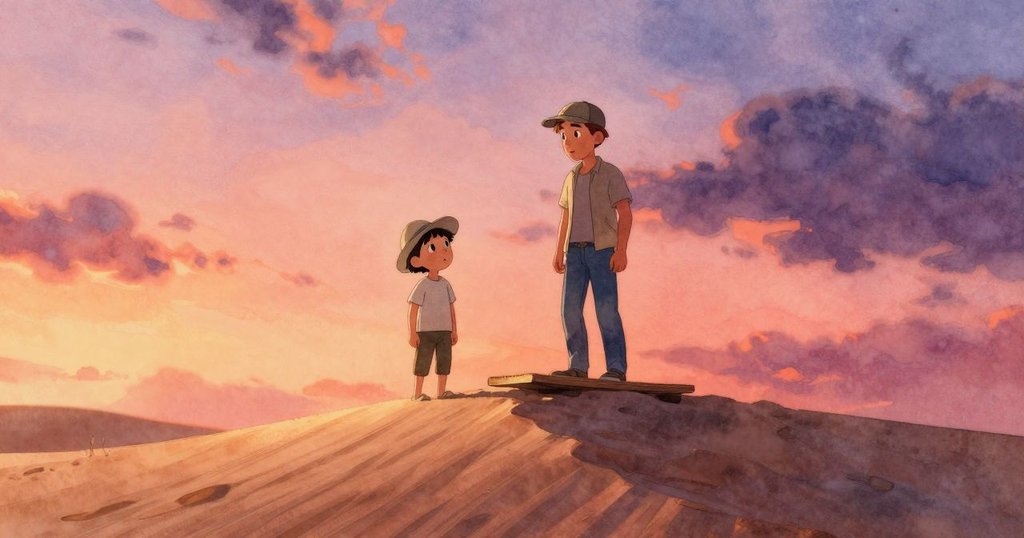 Kit和York在沙丘邊緣冒險，York在木板上平衡行走，Kit注視著遠方，陽光溫暖，情緒充滿好奇。