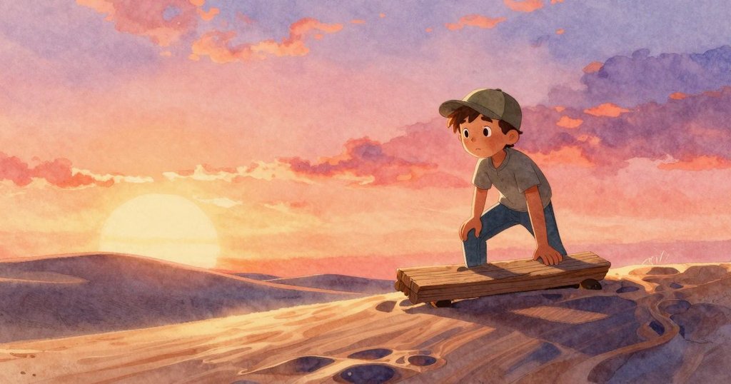 York傾斜木板，沙子如緞帶般流動，周遭空白展現寧靜神秘，畫面感平靜且富有詩意。