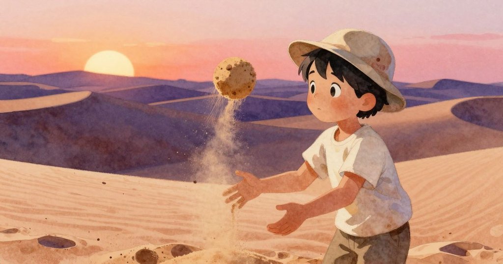 Kit蹲下用手撥弄溫暖沙粒，專注神情映襯出沙丘間神秘洞口，展現冒險初探的情感細膩。