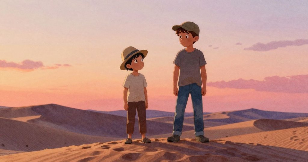 Kit和York在沙丘上停步，互相對視展露好奇與凝思，溫暖日光與涼爽微風交織出神秘氛圍。