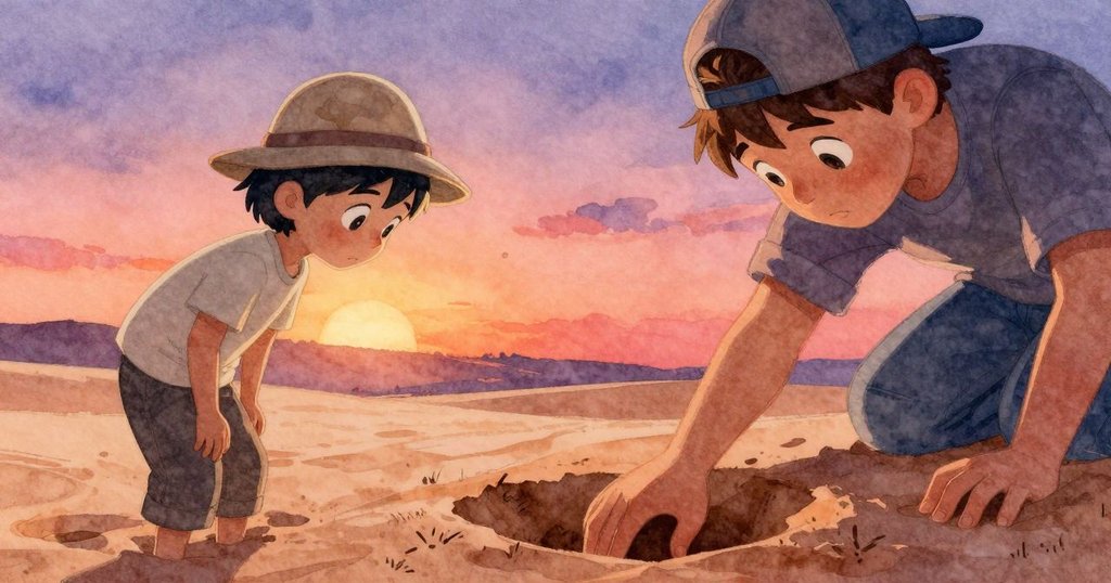 York伸手觸摸沙裂縫中涼爽沙粒，Kit凝視旁觀，兩人表情流露內心掙扎與探究，情緒細膩動人。