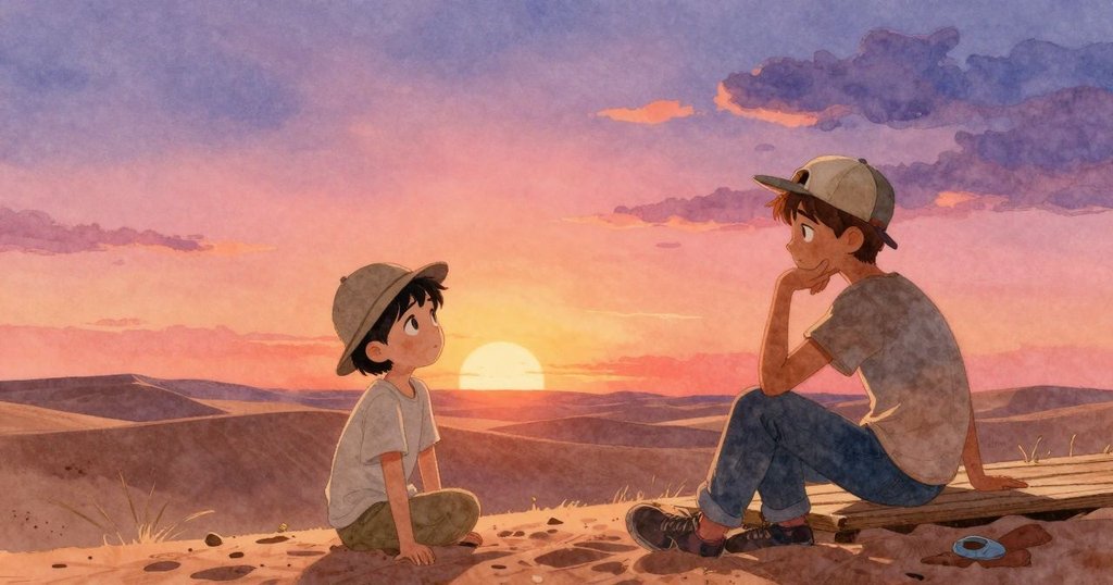 Kit與York在金色夕陽下靜思，Kit輕觸溫暖木板，兩人共同凝望遠方，沙丘與天空點綴溫柔光暈，氛圍寧靜。