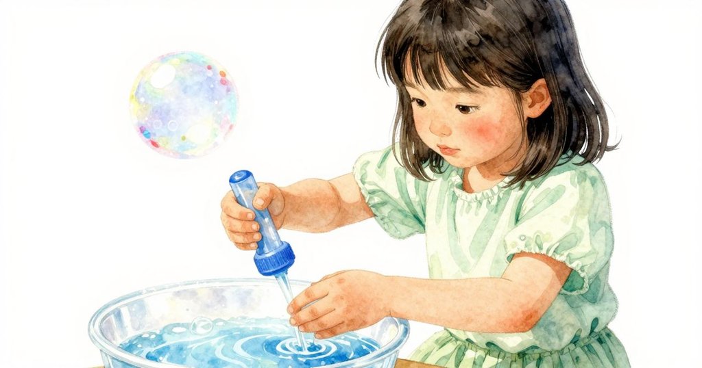 Oona 的手輕柔蘸取泡泡液,細緻動作在閃爍光芒中展現,背景隱約有氣泡站的氛圍