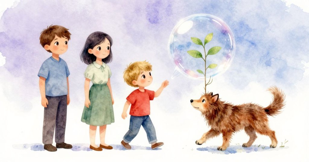 在超現實的場景中,透明泡泡包圍著稚嫩樹苗與彎曲樹枝,散發神秘夢幻光芒,寓意無限可能