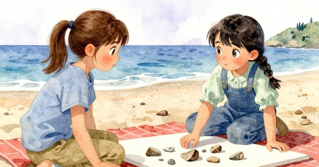 Britt仔細擺放化石碎片在畫布上, 背後Gemma靜靜觀察, 周圍有閃亮碎石及淡淡樹脂煙霧