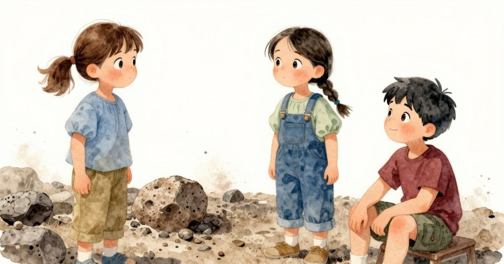 Axel在化石層旁展開矮凳入座, Britt和Gemma持續研究, 微風吹拂塵土, 時光流轉靜謐