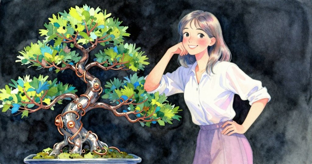 女子靜立觀察盆栽古舊銅線,樹皮刻痕述說歲月,充滿沈思與懷舊情感