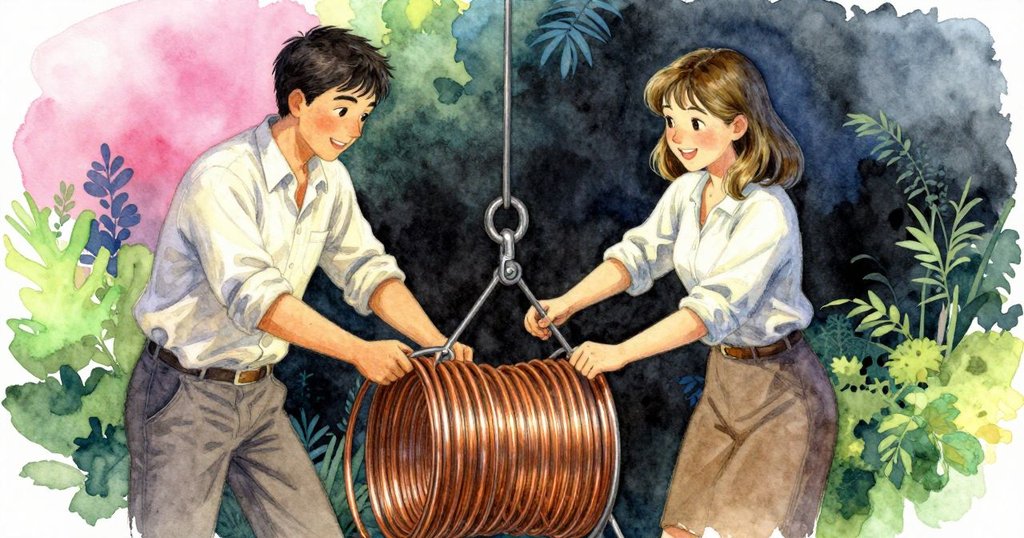 兩人協作解開古銅線,手勢協調,旁有小鳥驚飛,歡樂氣氛洋溢充滿活力