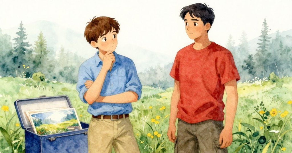 記憶交織中，舊明信片從釣具箱中隱約露出，描繪山谷薄霧與寧靜水面，呈現故事過程中的回憶感