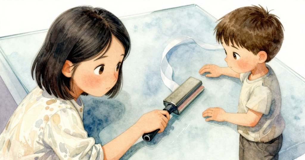 細節特寫中展現橡膠輥器平衡於玻璃檯上，霧氣波紋流過表面，Janet 輕捏濕宣紙，充滿專注感