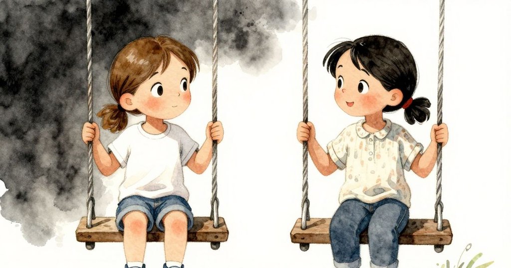 在搖椅逐漸停下時,兩位女孩靜靜對望,表情中流露著好奇與默契,場景溫馨而平靜