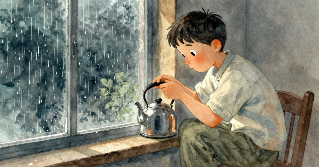 冬先生和帕傑特在雨天室內,窗外雨滴縱橫,室內燈光柔和,營造出濕潤季節氛圍