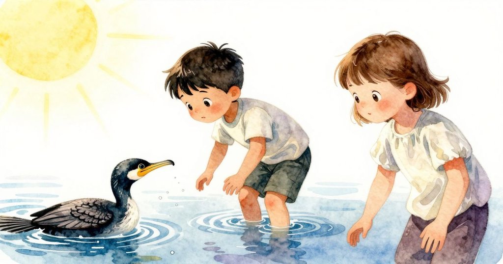 從鳥眼視角看海面，銀色水滴飛濺，Felix和浮標在遠處若隱若現，展現自然生動情景