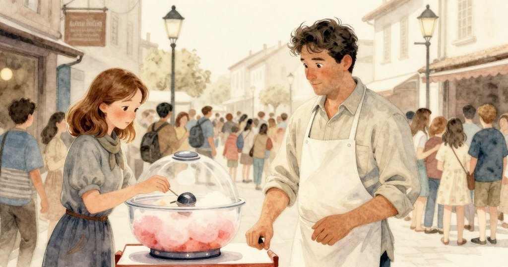 哈特利在傍晚的街頭忙碌於棉花糖攤，薩拉輕敲鐵欄杆，周圍人群充滿期待與溫暖情緒