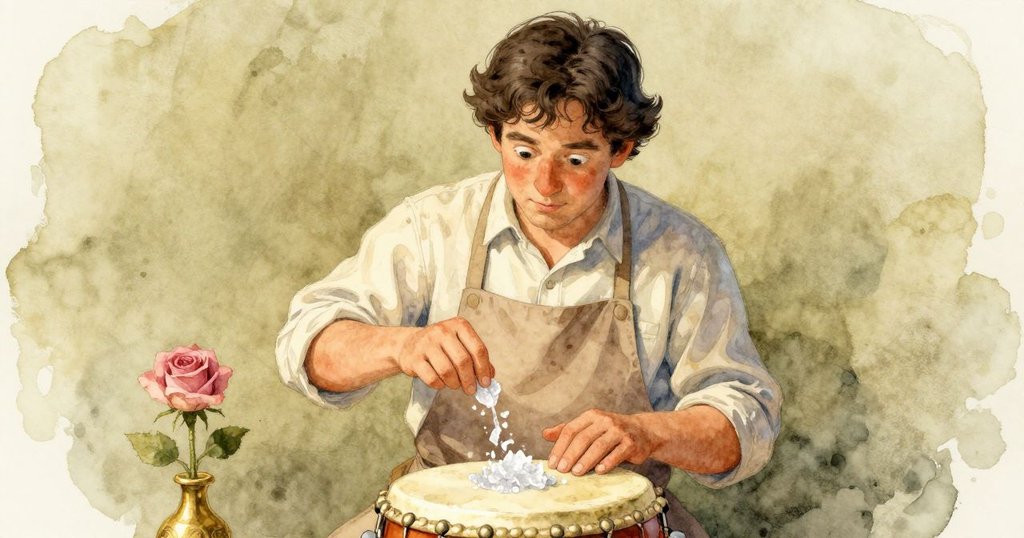 哈特利專注地向棉花糖鼓中倒入糖粉，空曠背景突顯細膩工藝，燈光柔和，營造神秘氣氛