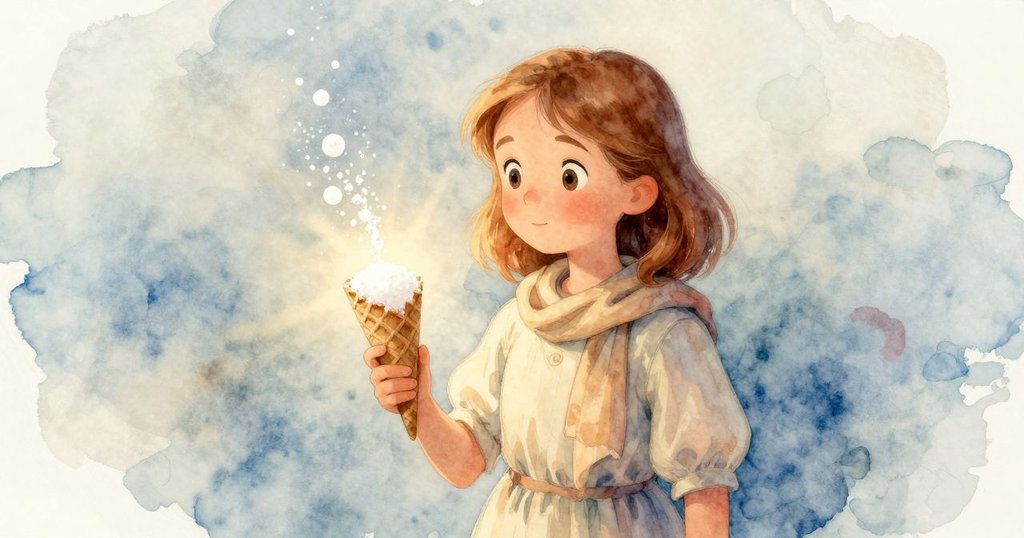 薩拉回憶起前晚棉花糖溢出時的迷人景象，眼神流露出溫柔驚奇，溫暖色調營造懷舊感