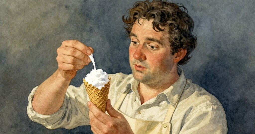 哈特利停下手中的動作，聚焦於棉花糖錐上糖霧凝聚成脆弱冠冕的瞬間，畫面充滿期待與魔幻氣息