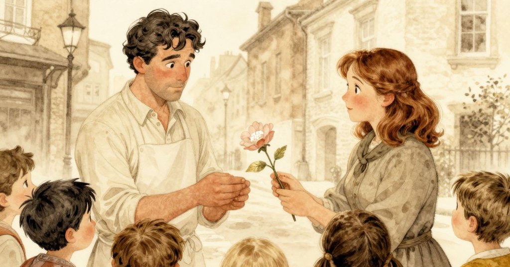 哈特利向薩拉遞上新成形的糖霧，薩拉溫柔回望等待的孩子們，整個畫面充滿城市溫暖與魔幻氛圍