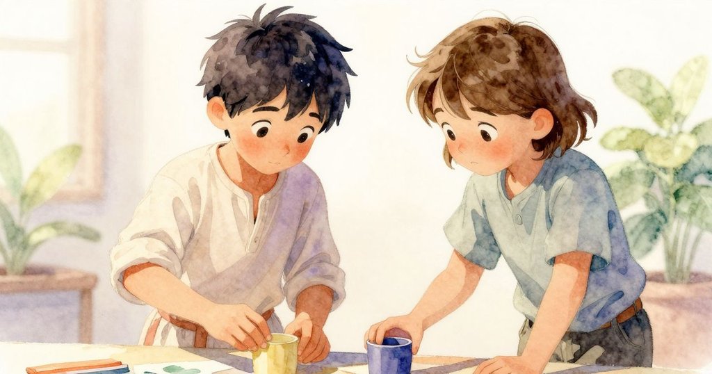 Yves與Jonas在作坊桌邊互動,Jonas放下杯子,Yves細調絲線,兩人默契合作,氛圍溫暖