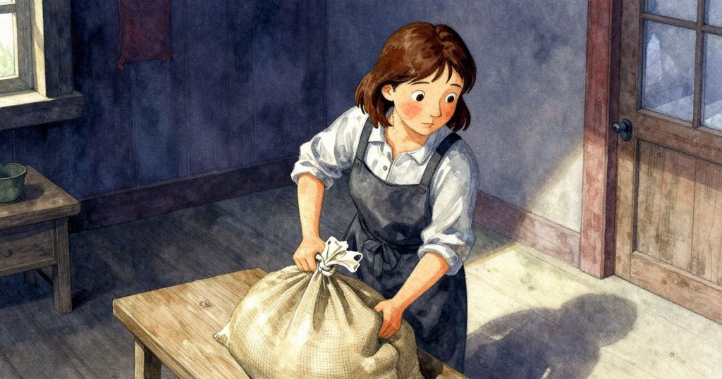 薇芙莉在早晨溫暖工房中舉起麻布袋，豆槽與鼓輪形成節奏，空中視角展現全景。