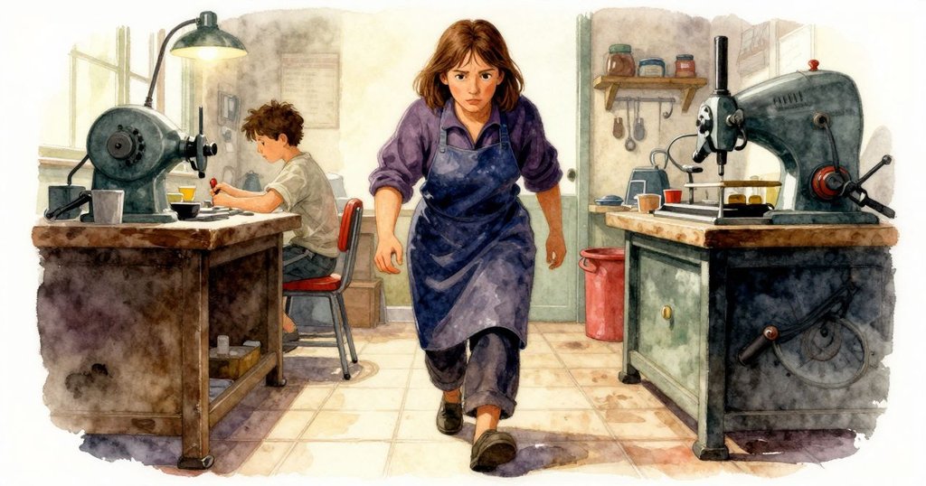 薇芙莉堅定地行走在溫暖的磚地上，腳步穩健，背景顯示工作台與機械，展現忙碌工房氛圍。