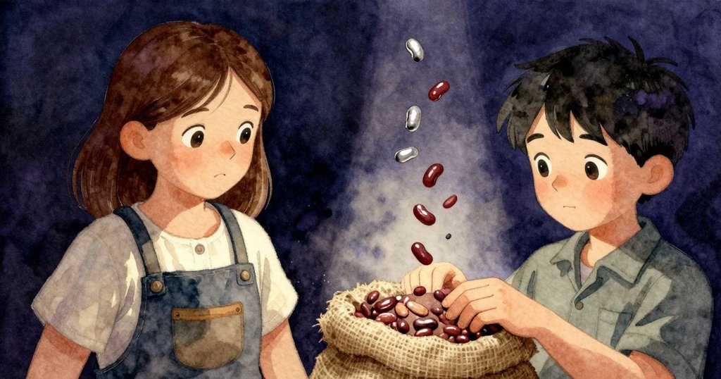 薇芙莉伸手觸碰麻袋上不尋常的小隆起，豆子在空中飛散，透出神秘與疑惑的氛圍。