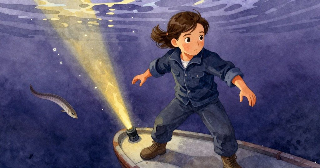 水下景象展現小船反射與閃爍水滴，一條鰻魚優雅穿梭，光束穿透水面增添神秘氛圍