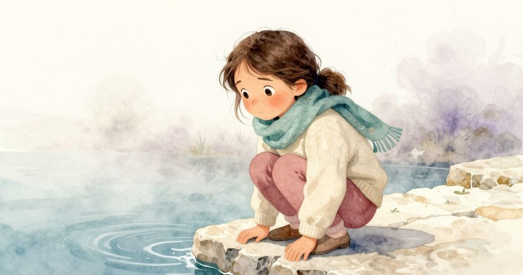 Katia靜靜蹲臥在石緣旁，凝視著下方緩緩流動的泉水，霧氣中神情平和，展現內心寧靜的休憩時刻
