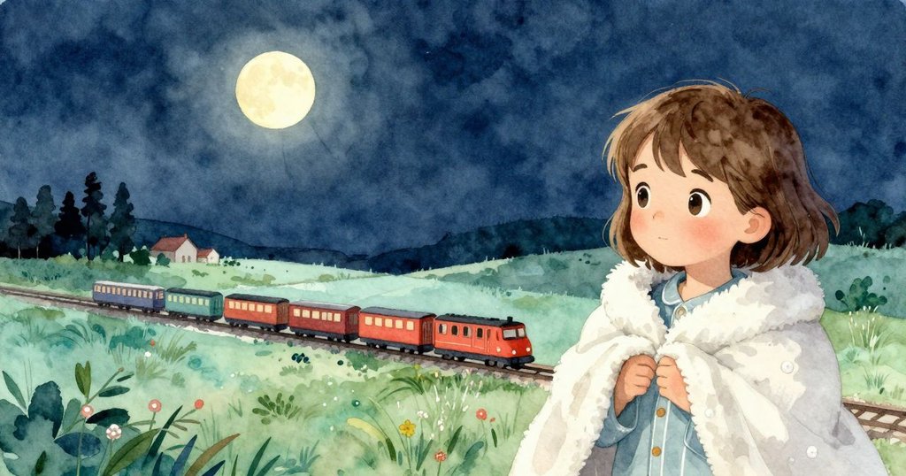 Xeno站在火車窗邊眺望夜空，遠處樹木與農舍隱約呈現，夜色中滿是好奇與期待