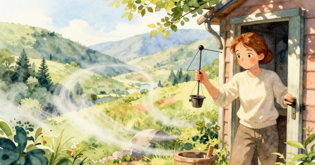 Astrid走出樹屋大門,背景中可見快速旋轉的風速儀和初升太陽映照的山谷,充滿玄妙與期待。