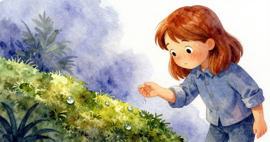 近景水下視角中,Dana仔細數落在苔蘚上閃爍露珠,畫面透出清新靜謐的自然美感。