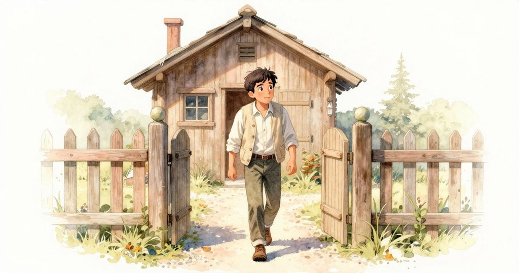 烏利克推開鐵門步入碎石小徑，遠處雪松小屋門旁有淡淡潮痕，展現探索與溫暖氛圍。