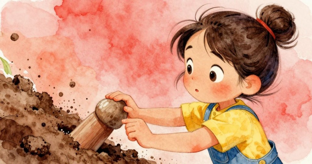 Darla 用手指仔細按壓傾斜木釘，近景突顯鬆散土粒移動與緊張氛圍，視角略帶變形效果