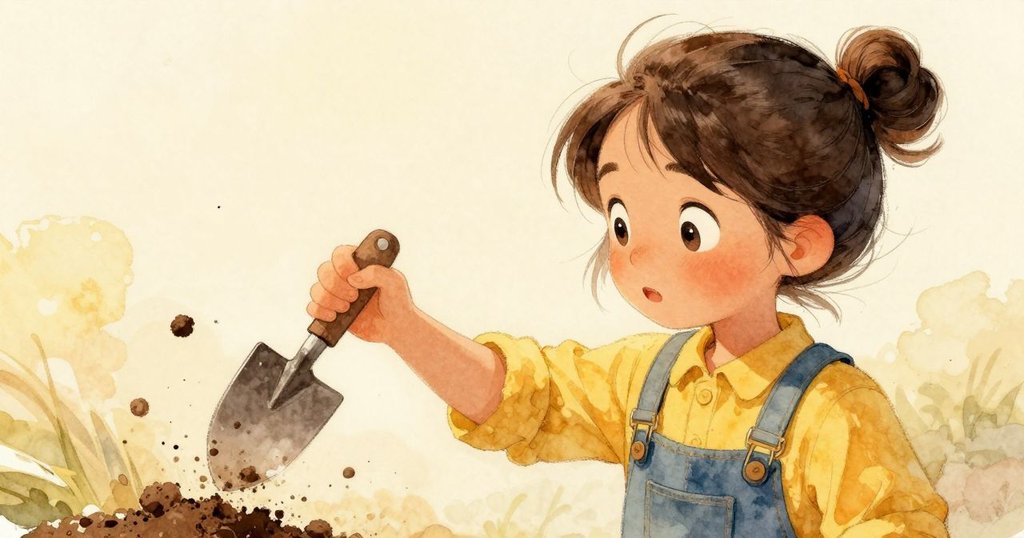 Darla 手持鏟子旁拈出柔和泥土，像水下漂浮般呈現，柔光營造出細膩溫暖質感，手勢專注