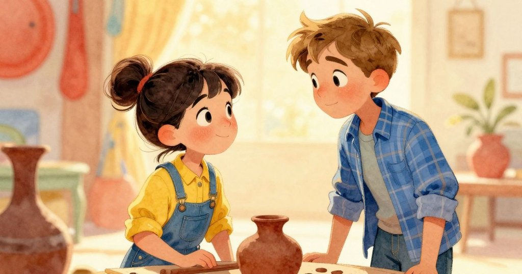 Darla 與 Ned 面帶滿足微笑共享發現，陶器碎片提升於炭灰線上，溫暖光線映襯出共同成就感