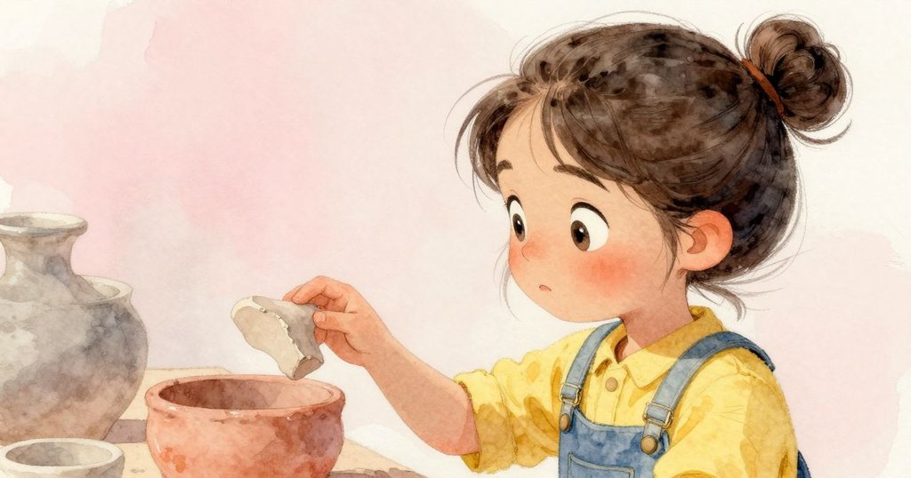 Darla 輕觸提升陶器碎片，指尖近景表達對過往默契交換，溫柔光影突顯內心平靜與期待