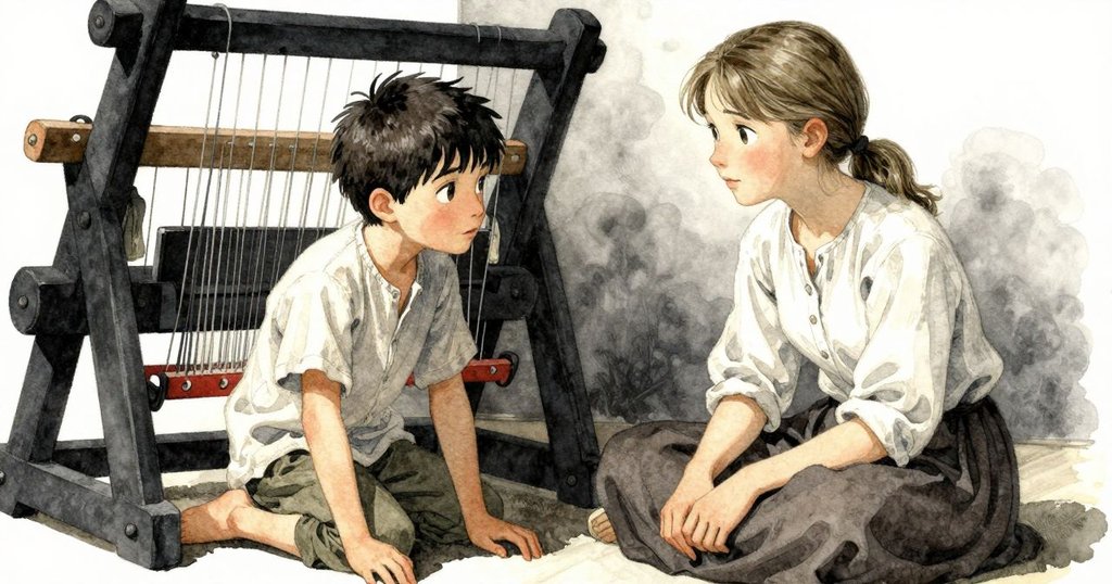 艾克塞爾輕嘗餘留莓果味,奧拉細察紫色條紋,兩人默契交流,織機背景衬托出室內溫馨氛圍。