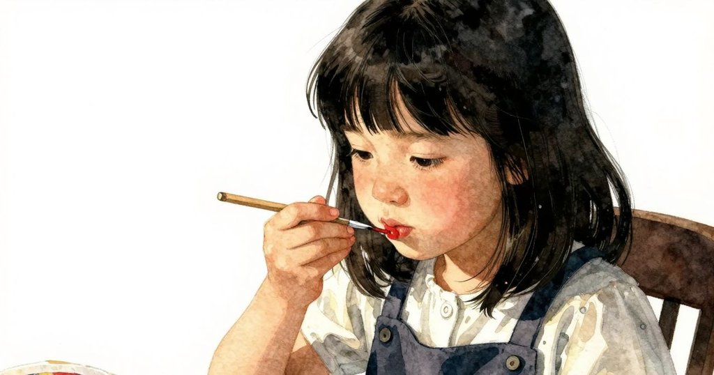 Mae 面部特寫顯示嘗試顏料的瞬間,眼神中流露驚訝與好奇,背景燈光柔和點綴實驗台