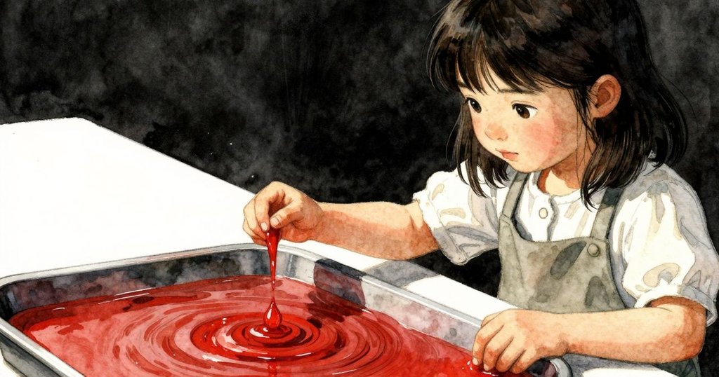 一滴紅色顏料擊中馬賽克盤瞬間引發漣漪,色彩交融,Mae 手部動作顯示關鍵轉折