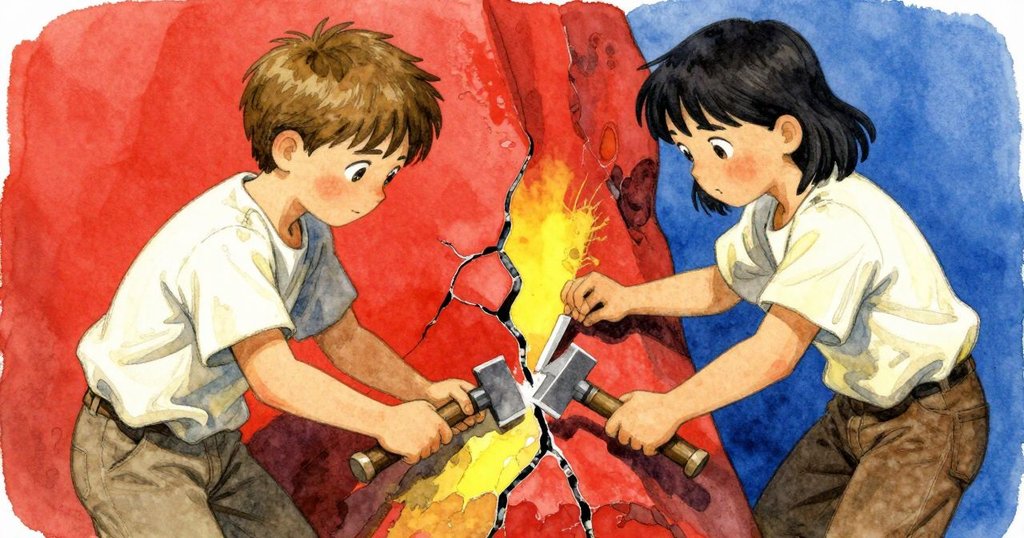 Xeno細心插入木楔於石縫，Ulla專注敲擊牙籤，兩人齊心合作，石材細節鮮明，充滿發現喜悅