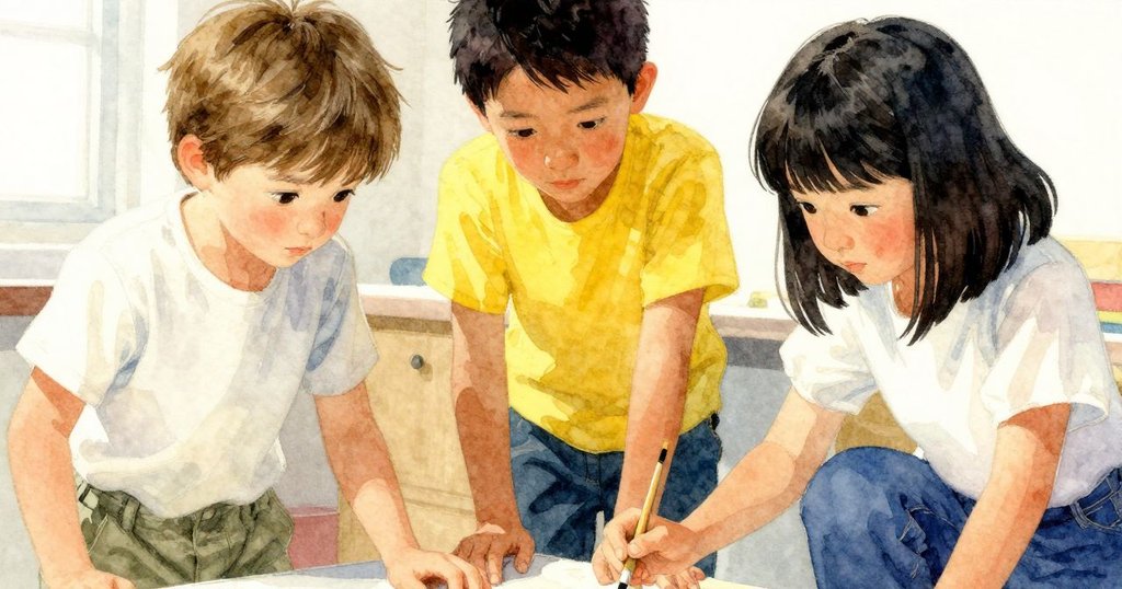 Xeno停下手中刷子沉思，Ulla靜靜旁觀變化中石材，柔和晨光中流露平靜與後續寧靜