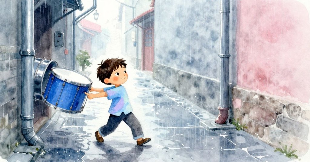 Theo在後台小巷中拖動藍色鼓桶接水，雨滴映襯著濕潤的磚牆，表現出急切又有序的動作