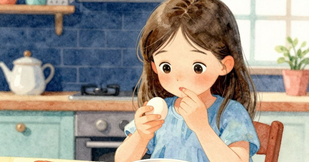 Tamsin臉上表露好奇和憂慮，她手持一顆蛋，站在溫暖廚房櫃檯前，神情專注思考中