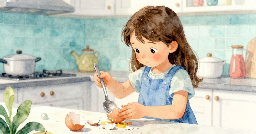 在廚房角落裡，Tamsin注意到包布勺子上聚集著蛋殼碎片，夕陽下影子拉長，氣氛中透出一絲憂慮